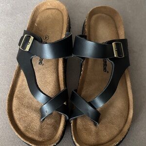 Women's Black Strappy Buckle Sandals - Comfort Footbed.